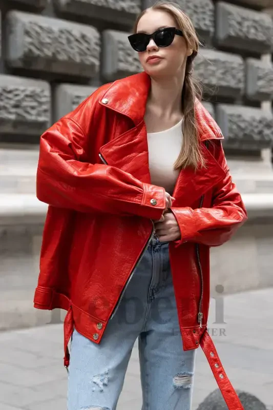 Leather Jacket Women Oversize Red Crocodile Print Long Biker Genuine Real Lambskin Leather Coat Jacket-Red Crocodile Print Leather Jacket - 1