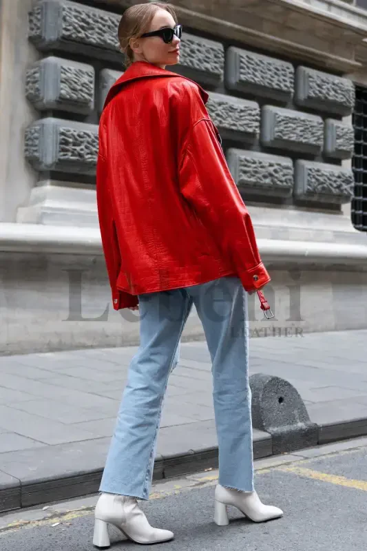 Leather Jacket Women Oversize Red Crocodile Print Long Biker Genuine Real Lambskin Leather Coat Jacket-Red Crocodile Print Leather Jacket - 2