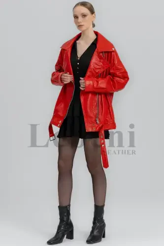 Leather Jacket Women Oversize Red Crocodile Print Long Biker Genuine Real Lambskin Leather Coat Jacket-Red Crocodile Print Leather Jacket - 4