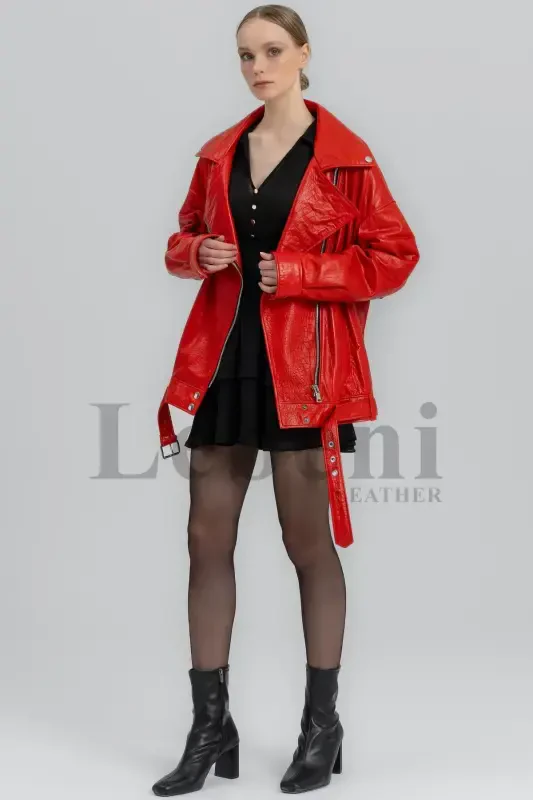 Leather Jacket Women Oversize Red Crocodile Print Long Biker Genuine Real Lambskin Leather Coat Jacket-Red Crocodile Print Leather Jacket - 4