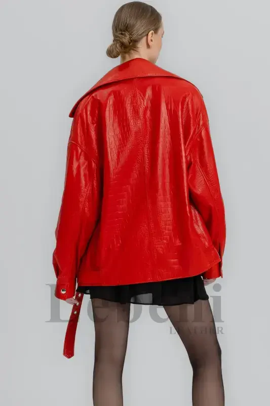 Leather Jacket Women Oversize Red Crocodile Print Long Biker Genuine Real Lambskin Leather Coat Jacket-Red Crocodile Print Leather Jacket - 5