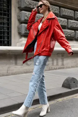Leather Jacket Women Oversize Red Crocodile Print Long Biker Genuine Real Lambskin Leather Coat Jacket-Red Crocodile Print Leather Jacket - 6