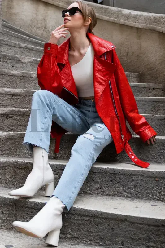 Leather Jacket Women Oversize Red Crocodile Print Long Biker Genuine Real Lambskin Leather Coat Jacket-Red Crocodile Print Leather Jacket - 7