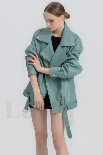 Leather Jacket Women - Oversize Vintage Long Biker Real Genuine Lambskin Coat Jacket-Green Leather Jacket - 6