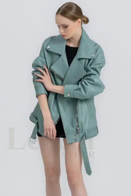 Leather Jacket Women - Oversize Vintage Long Biker Real Genuine Lambskin Coat Jacket-Green Leather Jacket - 6