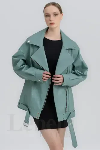Leather Jacket Women - Oversize Vintage Long Biker Real Genuine Lambskin Coat Jacket-Green Leather Jacket - 7