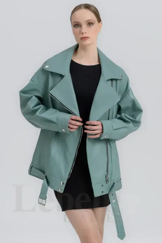 Leather Jacket Women - Oversize Vintage Long Biker Real Genuine Lambskin Coat Jacket-Green Leather Jacket - 7