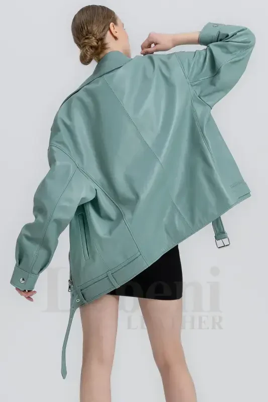 Leather Jacket Women - Oversize Vintage Long Biker Real Genuine Lambskin Coat Jacket-Green Leather Jacket - 8