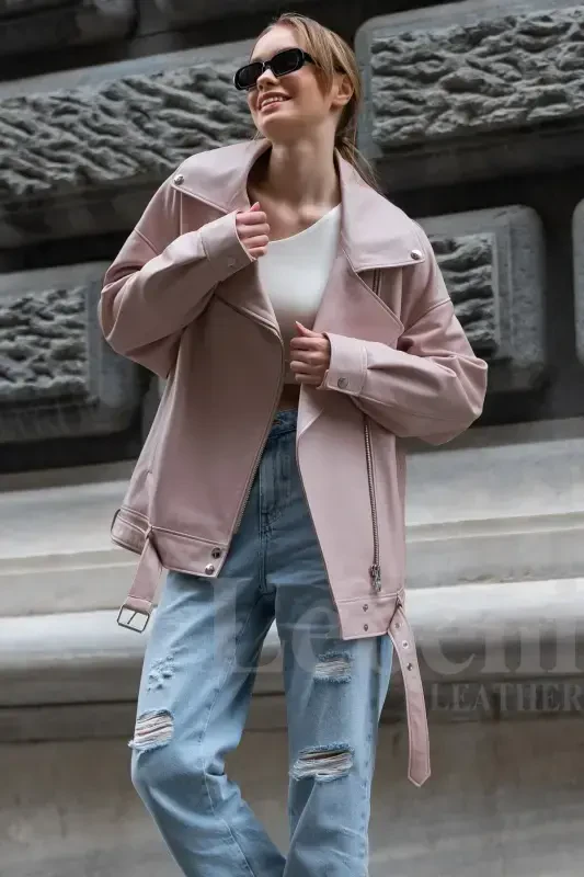 Leather Jacket Women - Real Leather Coat Women Genuine Leather Biker Jacket Oversize Leather Jacket-Pink Powder Leather Jacket - 3