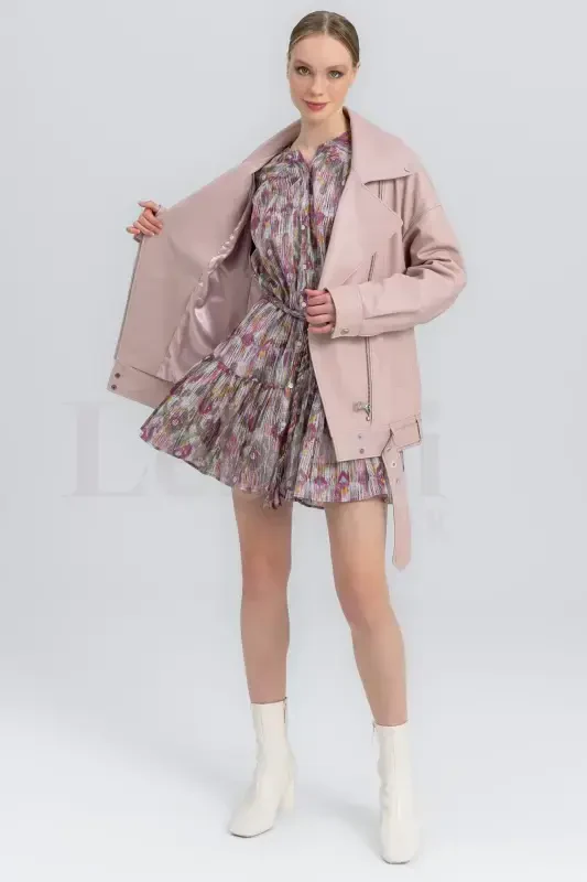 Leather Jacket Women - Real Leather Coat Women Genuine Leather Biker Jacket Oversize Leather Jacket-Pink Powder Leather Jacket - 4