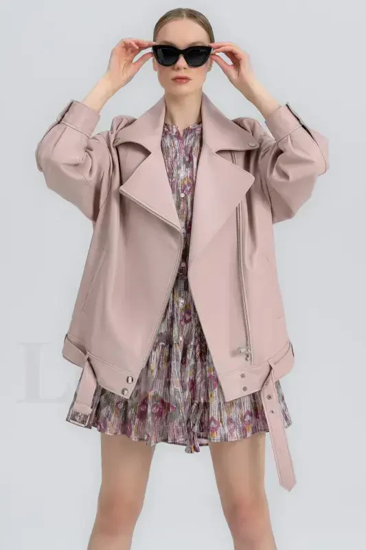 Leather Jacket Women - Real Leather Coat Women Genuine Leather Biker Jacket Oversize Leather Jacket-Pink Powder Leather Jacket - 7