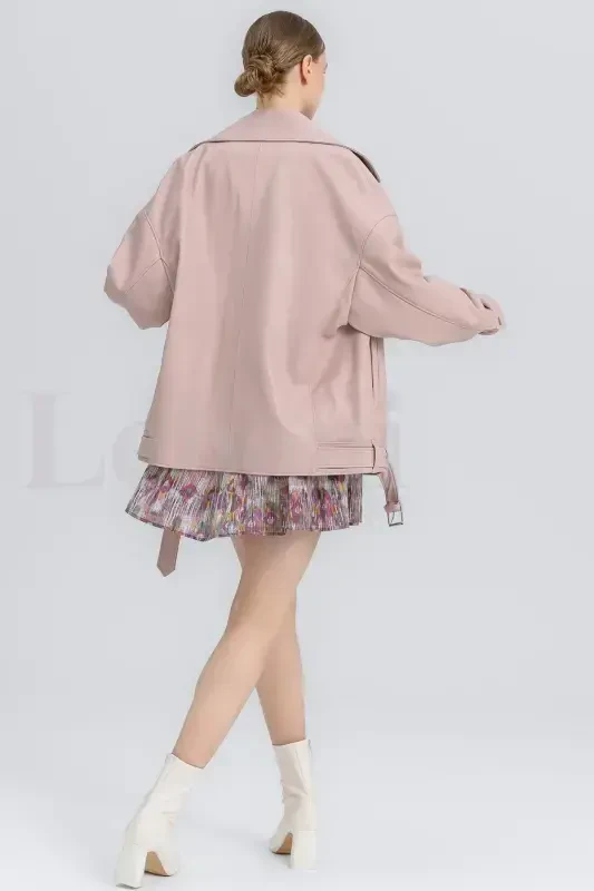 Leather Jacket Women - Real Leather Coat Women Genuine Leather Biker Jacket Oversize Leather Jacket-Pink Powder Leather Jacket - 8