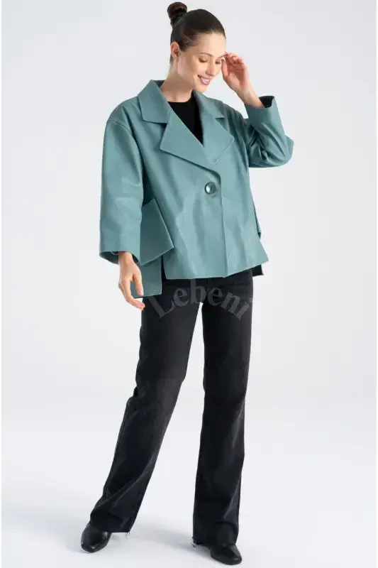Leather Jacket Women - Single Button Oversize Seasonal Green Leather Jacket Women -Sea Green Single Button Oversize Jacket - 3