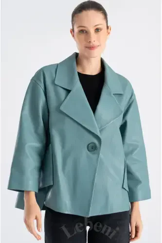 Leather Jacket Women - Single Button Oversize Seasonal Green Leather Jacket Women -Sea Green Single Button Oversize Jacket - 4