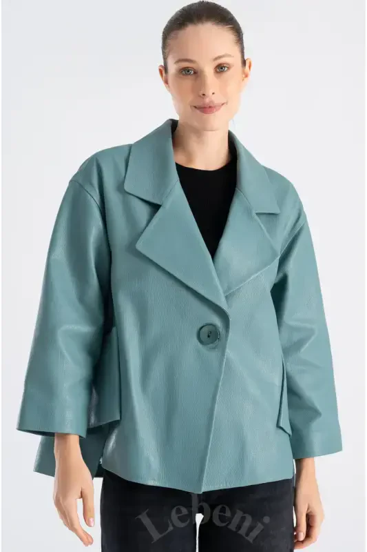 Leather Jacket Women - Single Button Oversize Seasonal Green Leather Jacket Women -Sea Green Single Button Oversize Jacket - 4