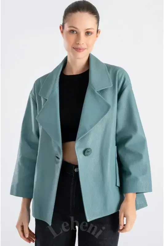 Leather Jacket Women - Single Button Oversize Seasonal Green Leather Jacket Women -Sea Green Single Button Oversize Jacket - 6