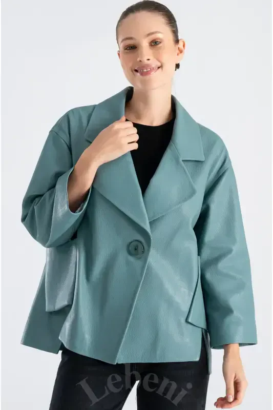 Leather Jacket Women - Single Button Oversize Seasonal Green Leather Jacket Women -Sea Green Single Button Oversize Jacket - 7
