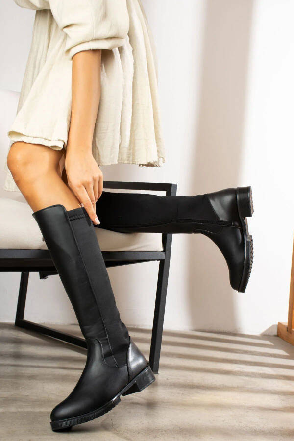 Leather look, zippered, stretchy knee-high boots. - 1