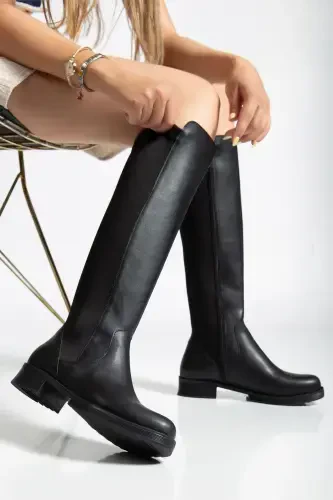 Leather look, zippered, stretchy knee-high boots. - 1