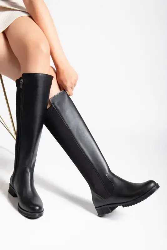 Leather look, zippered, stretchy knee-high boots. - 2