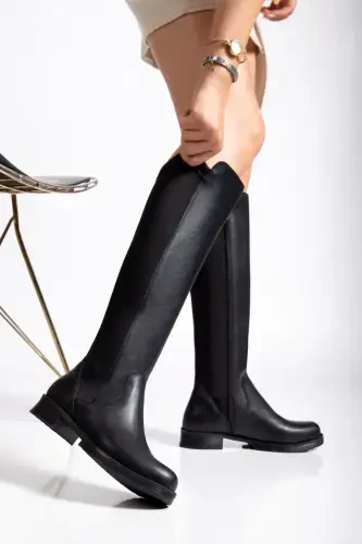Leather look, zippered, stretchy knee-high boots. - 3