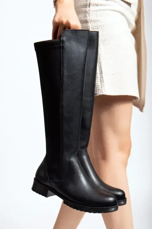 Leather look, zippered, stretchy knee-high boots. - 4