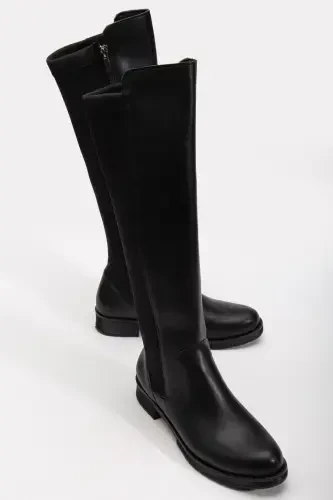 Leather look, zippered, stretchy knee-high boots. - 5