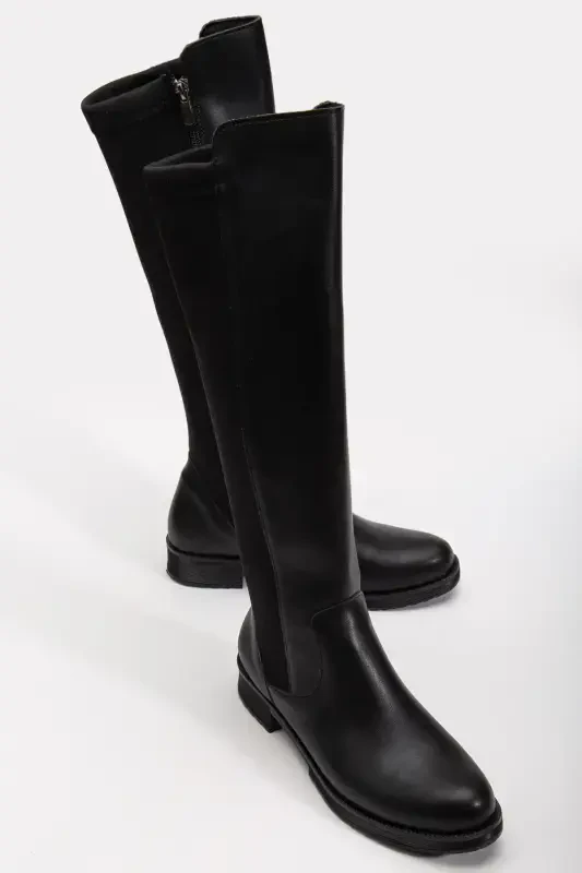 Leather look, zippered, stretchy knee-high boots. - 5