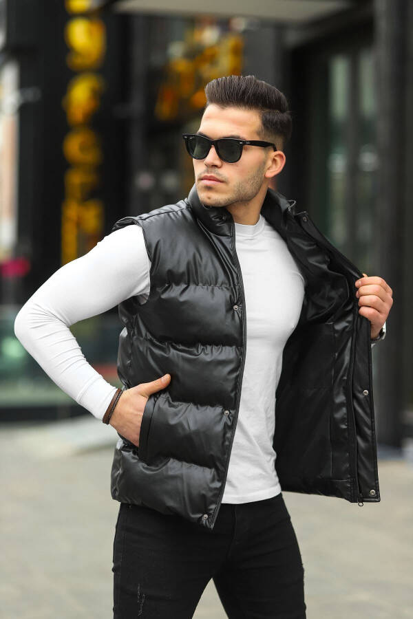 Leather Men's Black Padded Vest - 3