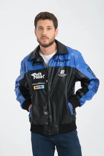 Leather Oversize Unisex College Jacket-BLUE 