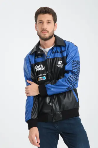 Leather Oversize Unisex College Jacket-BLUE - 5