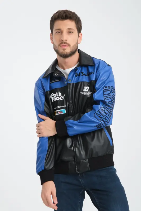 Leather Oversize Unisex College Jacket-BLUE - 5