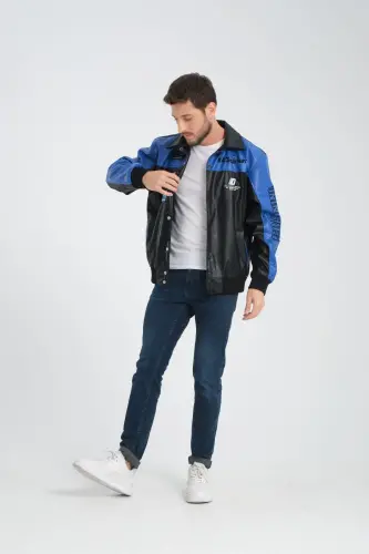 Leather Oversize Unisex College Jacket-BLUE - 8