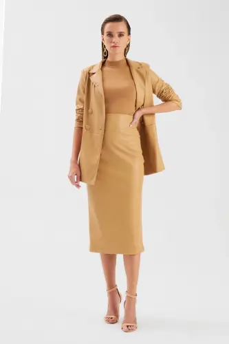 Leather Pencil Skirt - Beige - 1