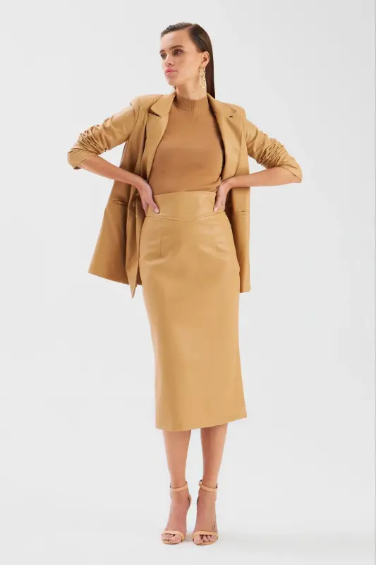 Leather Pencil Skirt - Beige - 2