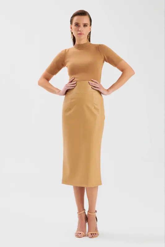 Leather Pencil Skirt - Beige - 3