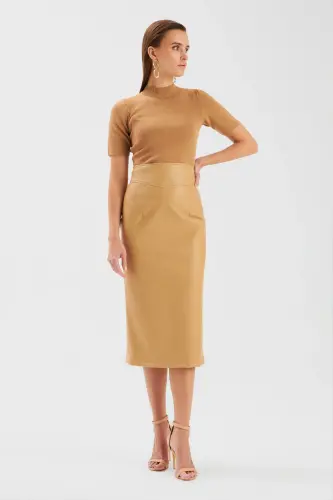 Leather Pencil Skirt - Beige - 4