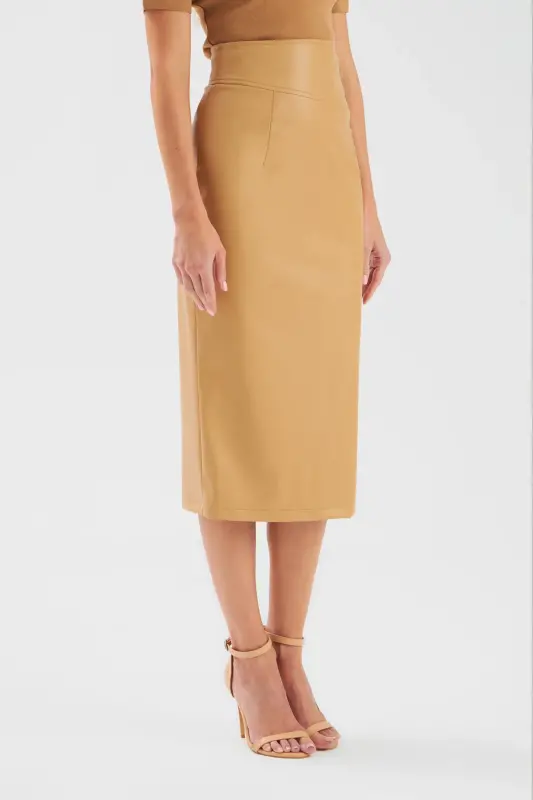 Leather Pencil Skirt - Beige - 5