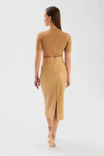 Leather Pencil Skirt - Beige - 6
