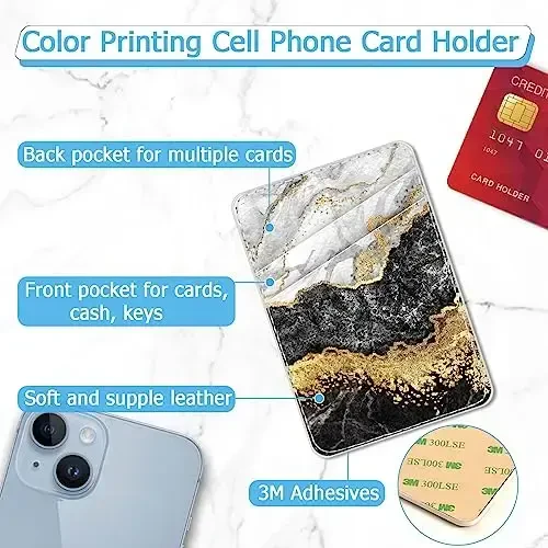 Leather Phone Wallet Stick on ，Card Holder for Phone Case，Credit Card Back Paste Wallet，Suitable for iPhone, Samsung, Android and Most Smart Phones，Dark Grey Marble - 2