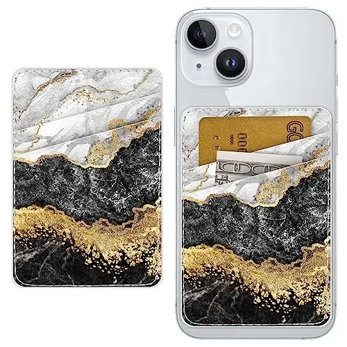 Leather Phone Wallet Stick on ，Card Holder for Phone Case，Credit Card Back Paste Wallet，Suitable for iPhone, Samsung, Android and Most Smart Phones，Dark Grey Marble - 1