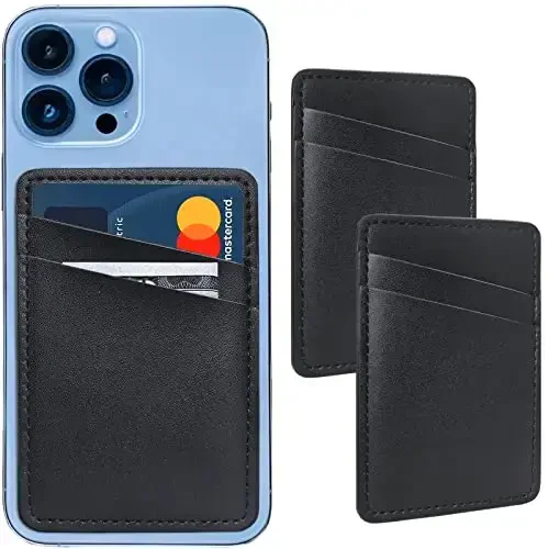 Leather Phone Wallet, Stick On Credit Card Holder for Phone Case - Compatible with iPhone, Samsung, Android & All Cell Phones - 2Pack Black - 1