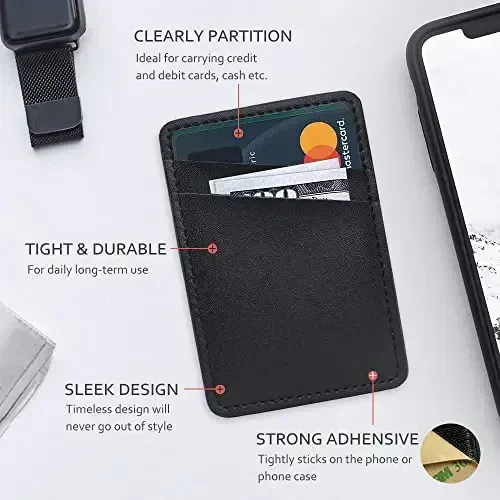 Leather Phone Wallet, Stick On Credit Card Holder for Phone Case - Compatible with iPhone, Samsung, Android & All Cell Phones - 2Pack Black - 2
