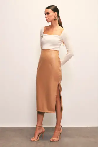 Leather Skirt with Side Slit - CAMEL 