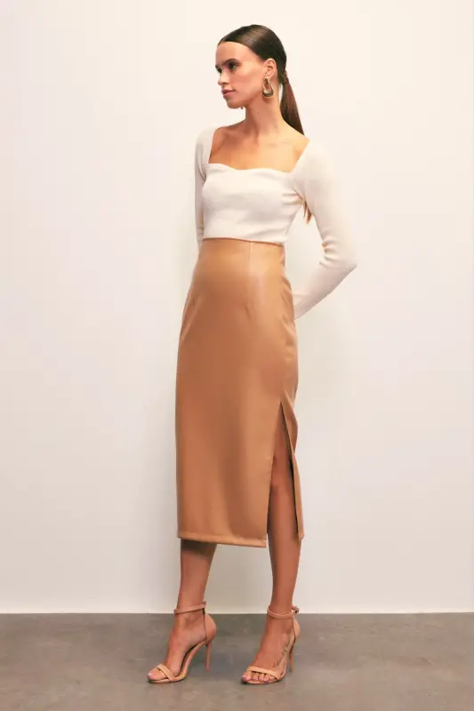 Leather Skirt with Side Slit - CAMEL - 1