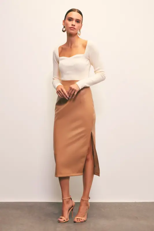 Leather Skirt with Side Slit - CAMEL - 2