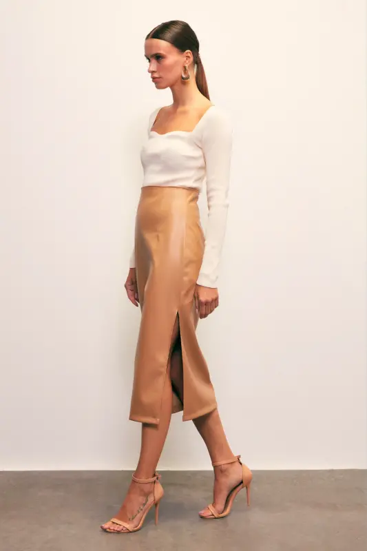 Leather Skirt with Side Slit - CAMEL - 3