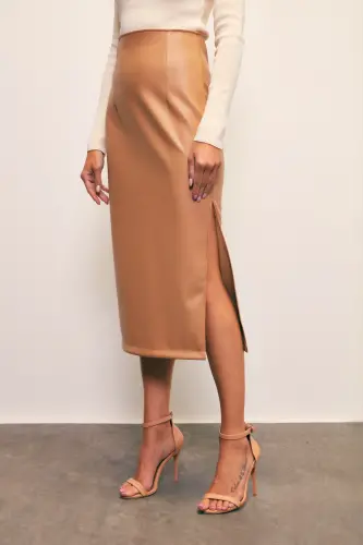 Leather Skirt with Side Slit - CAMEL - 4