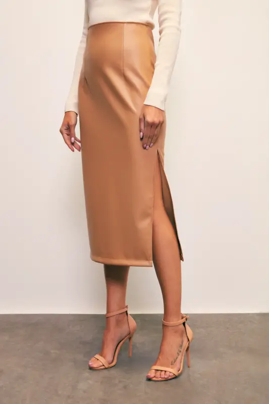 Leather Skirt with Side Slit - CAMEL - 4