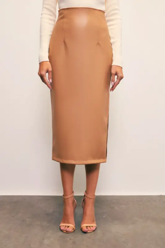 Leather Skirt with Side Slit - CAMEL - 5